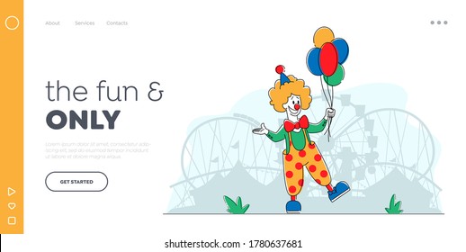 Clown in Amusement ParkLanding Page Template. Big Top Joker Character with Balloons. Jester Performer, Circus Show Entertainer in Funny Costume, Wig, Makeup and Fake Nose. Linear Vector Illustration