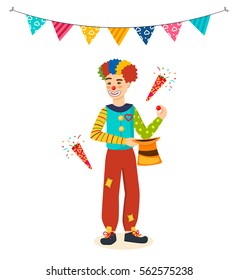 Clown animator at birthday parties, shows tricks and scenes, amusing and delighting children and guests. Cartoon vector illustration isolated on white background.