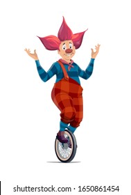 Clown balancing on unicycle wheel, circus and funfair carnival, vector performer. Clown in red wig performing juggling on bicycle wheel on big top circus arena