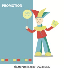 Clown with balloon, blue background, promotion