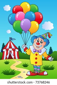 Clown with balloons near tent - vector illustration.