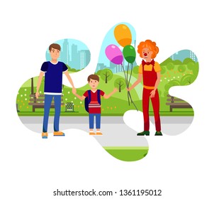 Clown with Balloons in Park Color Illustration. Man with Child and Guy in Funny Costume with Bow tie Cartoon Characters. Happy Joker with Wig and Red nose. Father and Son Meet Harlequin on Walk