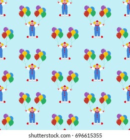 Clown with balloons pattern on the blue background. Vector illustration