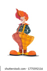 Clown, big top circus shapito clown, funfair carnival vector isolated cartoon character. Retro big top circus clown in red wig, big boots and wide pants with suspenders, smile mask and red nose