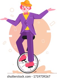 clown with bike one wheels flat illustration