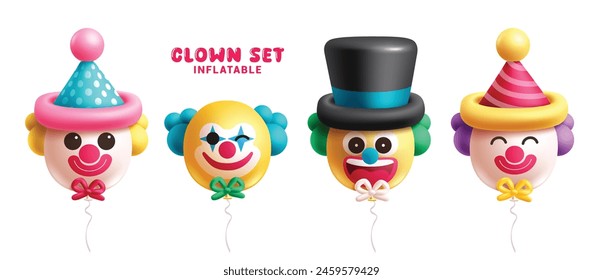 Clown birthday balloons vector set design. Birthday clown balloon shape inflatable collection for kids party celebration and occasion in white background. Vector illustration balloon clown design. 
