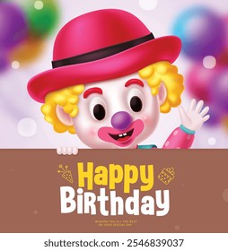 Clown birthday character vector template design. Happy birthday greeting text in brown board with cute kids clown happy waving mascot. Vector illustration buffoon party clip art. 
