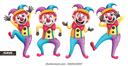 Clown birthday characters vector set design. Birthday clown, buffoon and mascot character in standing pose with happy, smiling and funny facial expression for joker comedian collection. Vector 