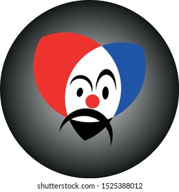 clown with black mustache and beard, with a raised eyebrow with blue and red hairstyle