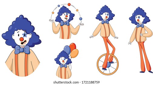 The clown with the blue hair in different poses. A clown juggles, rides a unicycle, holds balloons, have fun. For website, postcard.