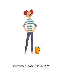Clown with a bucket of fish, actor performing in public in dolphinarium vector Illustration on a white background