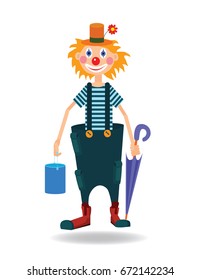 a clown with a bucket and umbrella , vector illustration on white background