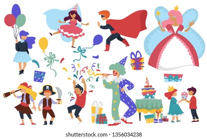 Clown and cake kids child birthday costume party vector isolated character balloons boys and girls fairy and superhero princess and pirates presents and gift boxes celebration event or holiday