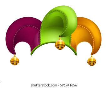 Clown cap with golden bells. Isolated on white vector illustration