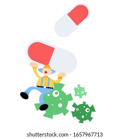 clown carnival cure medicine corona virus pathogen cartoon doodle flat design style vector illustration