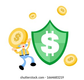 clown carnival and dollar shield business money protection cartoon doodle flat design style vector illustration