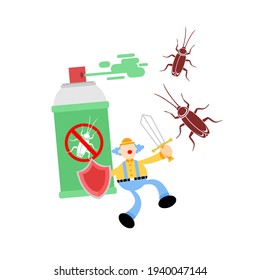 carnaval de payasos erradicar espray de cucaracha insecticida caricatura doodle diseño plano ilustración vectorial