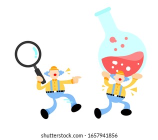 clown carnival and experiment laboratory flask research science cartoon doodle flat design style vector illustration