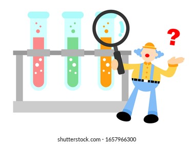 clown carnival and experiment laboratory flask research science cartoon doodle flat design style vector illustration