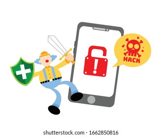clown carnival stop hack protection system cartoon doodle flat design style vector illustration