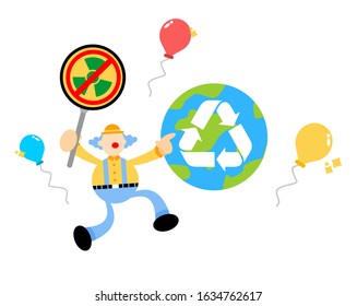 clown carnival and stop nuclear activity healthy world recycle cartoon doodle flat design style vector illustration