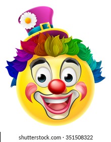 A clown cartoon emoji emoticon smiley face character with a red nose, rainbow wig, and face paint make up