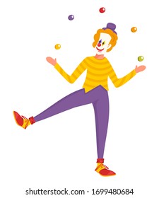 Clown cartoon vector illustration isolated on white background. Man character design with a yellow hair, red nose, little hat, and funny costume. Man doing performance juggles balls. Circus worker. 