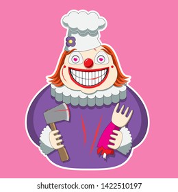 the clown character in the chef s hat holds an axe and a limb. vector image eps