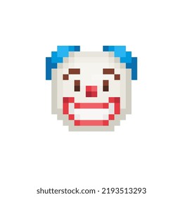 Clown character icon. Avatar, portrait, profile picture. Pixel art. Flat style. Game assets. 8-bit. Isolated vector illustration.