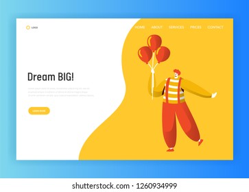 Clown Character Landing Page Template. Funny Carnival Joker Holding Balloon Making Fun Face. Birthday Party Circus Concept for Website or Banner. Flat Cartoon Vector Illustration