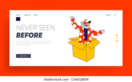 Clown Character Pop Up from Huge Box Landing Page Template. Big Top Circus Show Artist, Jester Performer, Entertainer in Funny Costume and Hat with Propeller and Fake Nose. Linear Vector Illustration