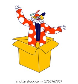 Clown Character Pop Up from Huge Carton Box. Big Top Circus Show Artist, Jester Performer, Entertainer in Funny Costume and Hat with Propeller, Wig, Makeup and Fake Nose. Linear Vector Illustration