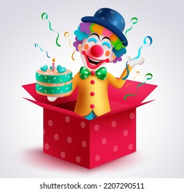 Clown character vector design. Birthday buffoon character wearing colorful party costume holding yummy cake inside the surprise gift box concept. Vector Illustration.