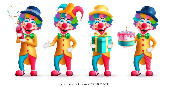 Diseño de conjunto de vectores de caracteres de payasos. Bufón de cumpleaños y personajes de broma con peluca colorida, sombrero y disfraz con expresión facial feliz y divertida. Ilustración vectorial.
