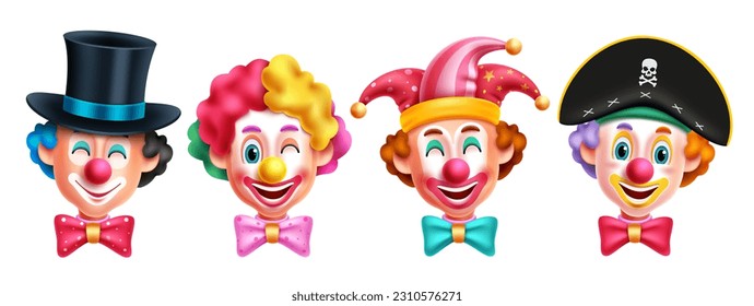 Clown character vector set design. Birthday buffoon and mascot costume collection with funny face expression. Vector Illustration party and event comedian characters.