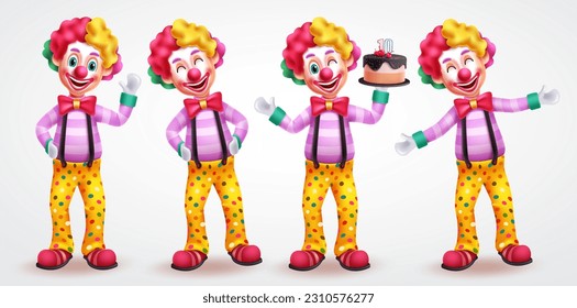 Clown character vector set design. Birthday clown, mascot, buffoon and joker characters in standing poses. Vector illustration funny comedian cartoon collection.