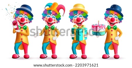 Clown character vector set design. Birthday buffoon and joker characters in colorful wig, hat and costume with happy and funny facial expression. Vector Illustration.
