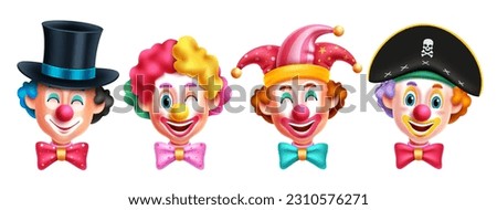 Clown character vector set design. Birthday buffoon and mascot costume collection with funny face expression. Vector Illustration party and event comedian characters.