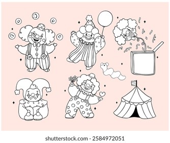 Clown Characters Clowncore Coloring Image Cartoon Hand Drawn Black and White Outline Doodle set