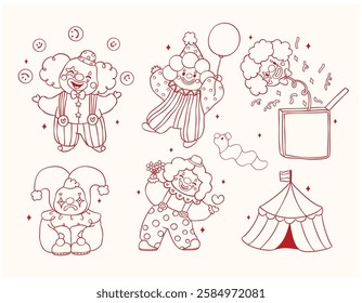 Clown Characters Clowncore Hand Drawn Outline Doodle set