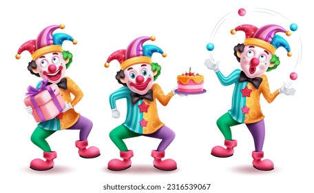 Clown characters vector set design. Birthday clown, mascot, costume and buffoon with funny facial expression. Vector illustration colorful characters collection.