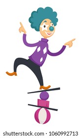 Clown in circus balancing on balls vector cartoon character isolated icon