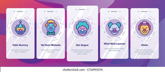 Clown Circus Character Onboarding Icons Set Vector. Happy Smiling And Unhappy Sad Different Mood Carnival Funny Clown Joker Illustrations
