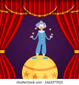 Clown in circus, juggler and acrobat show actors performance cartoon vector illustration. Circus clown entertainment show performance, invitation banner.