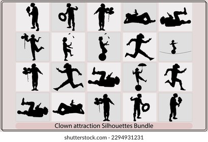 Clown in circus on stilts with balloons vector silhouette,Juggler artist vector silhouette, Juggling with pins. Clown in circus jugging performs skill