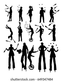 Clown in circus on stilts with balloons vector silhouette isolated on white background. Street actor illustration. Juggler artist vector, Juggling with balls, pins. Performer Artist acrobat animator.
