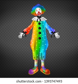 Clown in circus, party man isolated on transparent background. Funny comedian, jester character wearing rainbow periwig, white mask, red nose and colorful costume. Realistic 3d vector illustration.