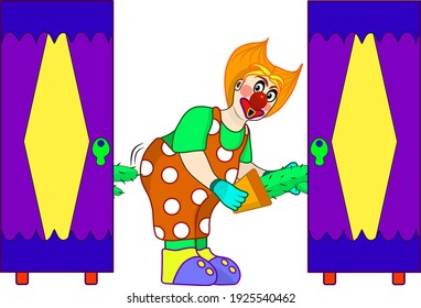 a clown in a circus puts a cactus in a vanishing cabinet, the cactus appears in another cabinet and stabs the clown