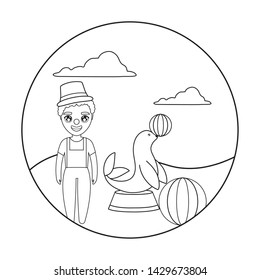 clown of circus and seal with ball in frame circular