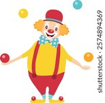 Clown, circus clown, clown throwing balloons icon isolated on white background. Vector, cartoon illustration. Vector.